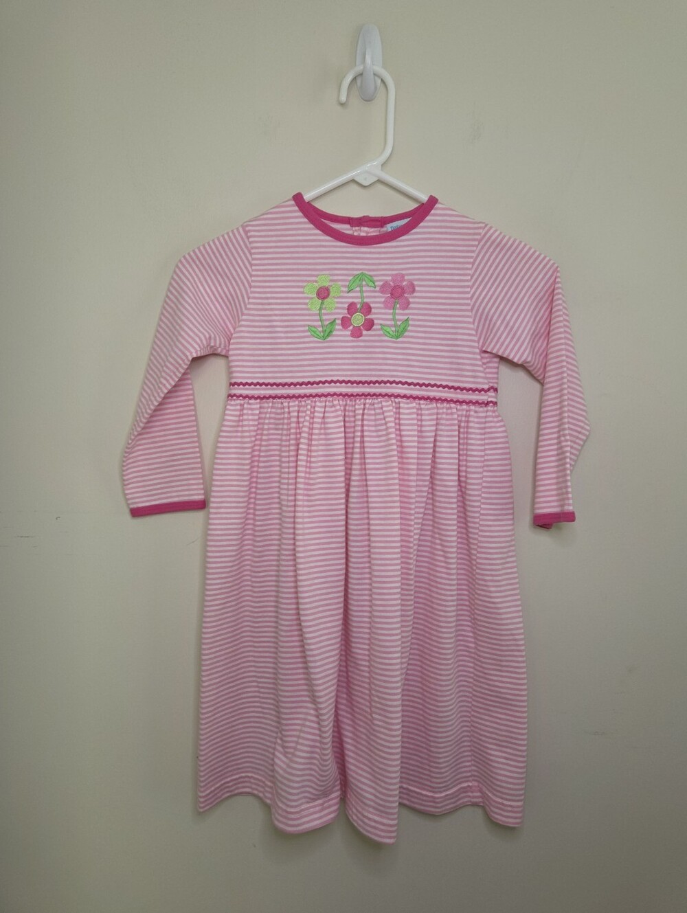 Girls Patsy Aiken Pink Striped Floral Embroidered Long Sleeve Dress Sz 5